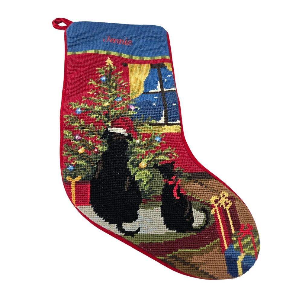 Vintage 90s Lands End Needlepoint Stocking Christmas Jennie Cat Dog Traditional
